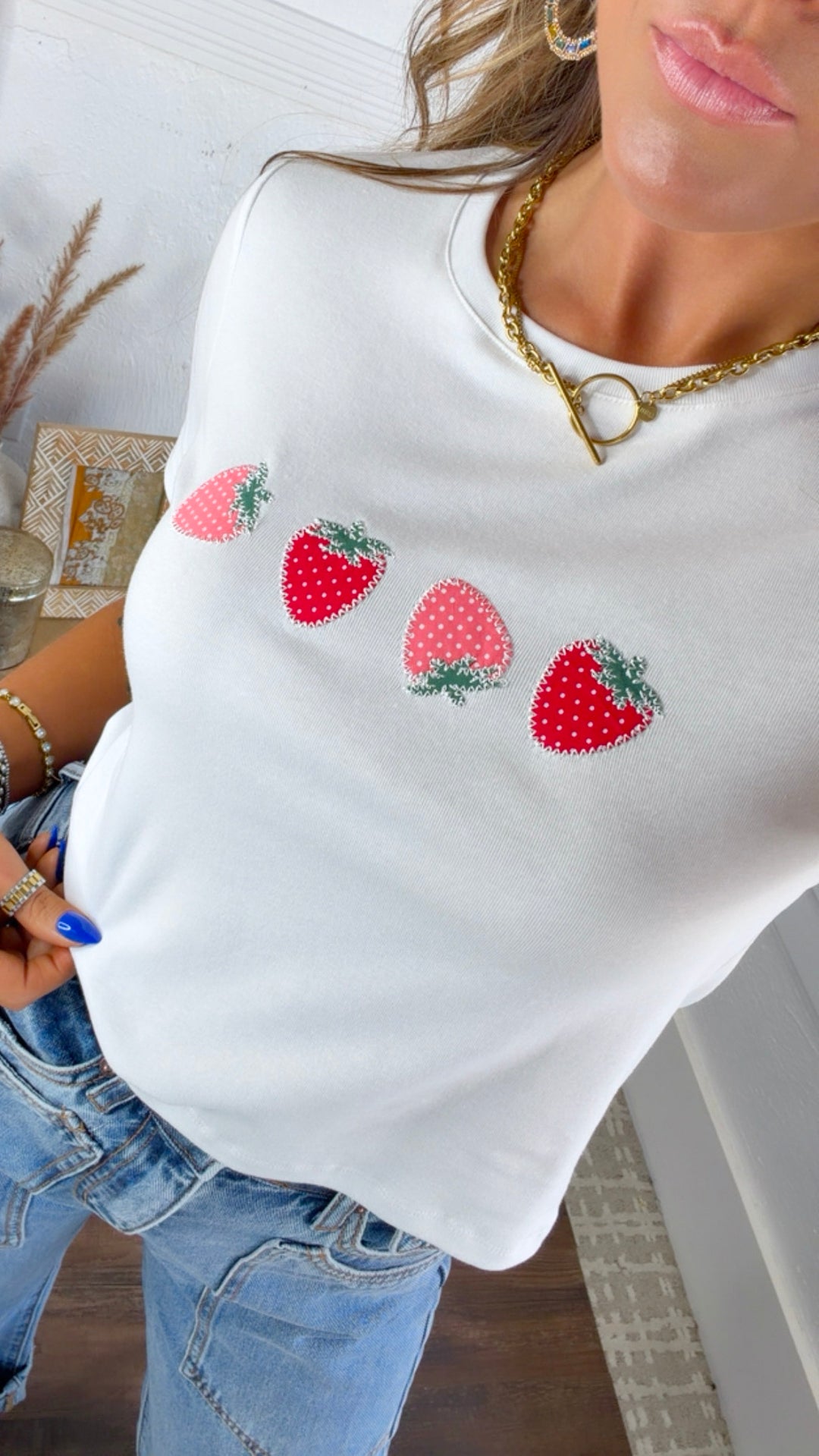 Strawberries On Top Baby Tee, White
