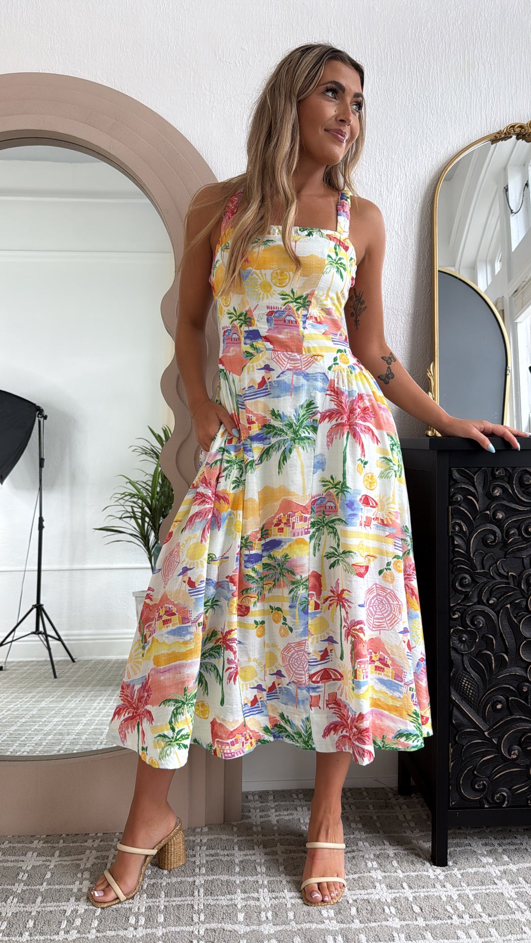 coastal cocktail dress Beach Guide: Event Styles A multicolor print woven midi dress Tropical watercolor tableau Scoop Women's Maxi Dress fresh