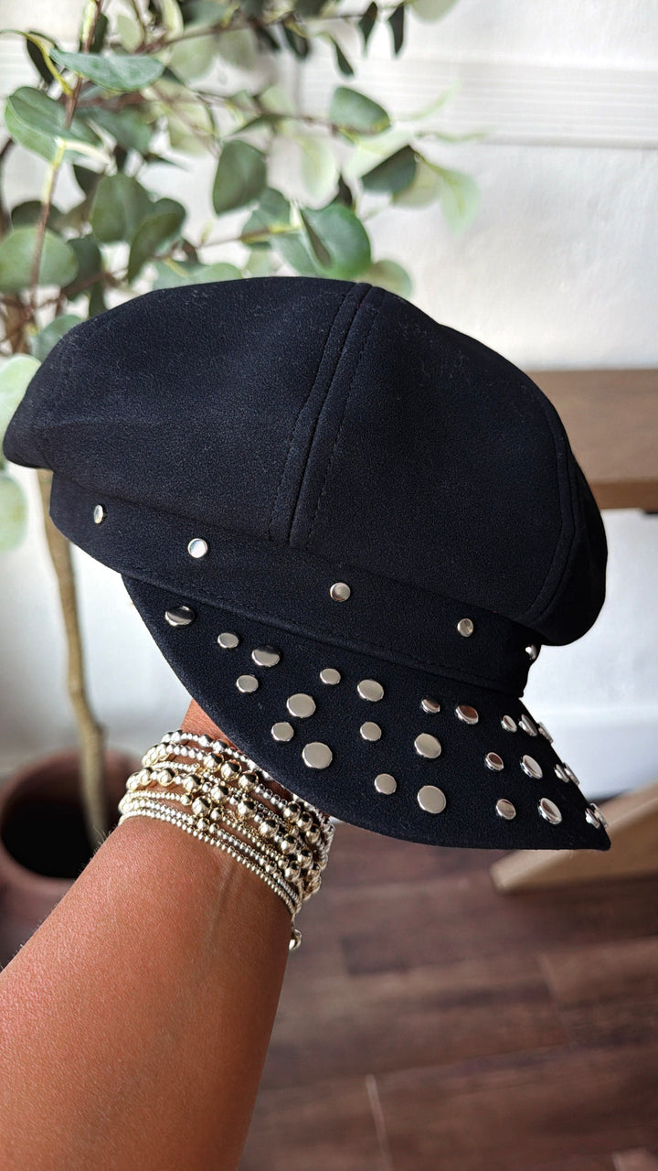 Studded Vegan Suede Cabbie Hat, Black