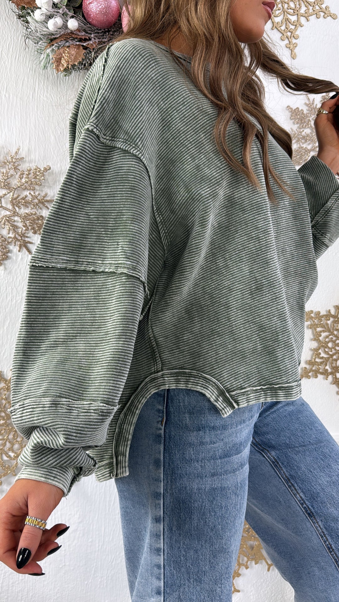 DOORBUSTER: Acid Washed Ribbed Cropped Pullover, DK Olive
