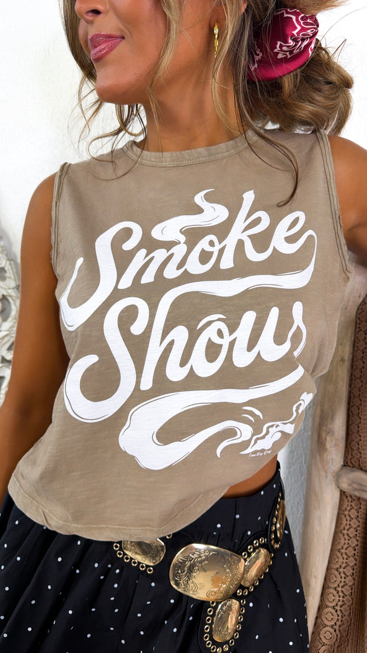 Graphic Smoke Show Muscle Tank, Washed Tan