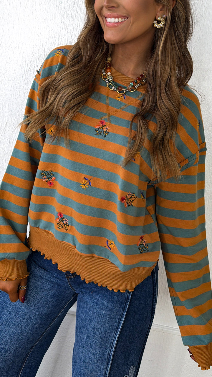 Brushwood Embroidered Sweatshirt, Pumpkin/ Teal