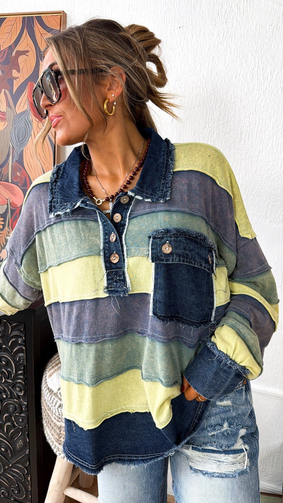 Breezy Nights Denim Stripe Top, Green Combo