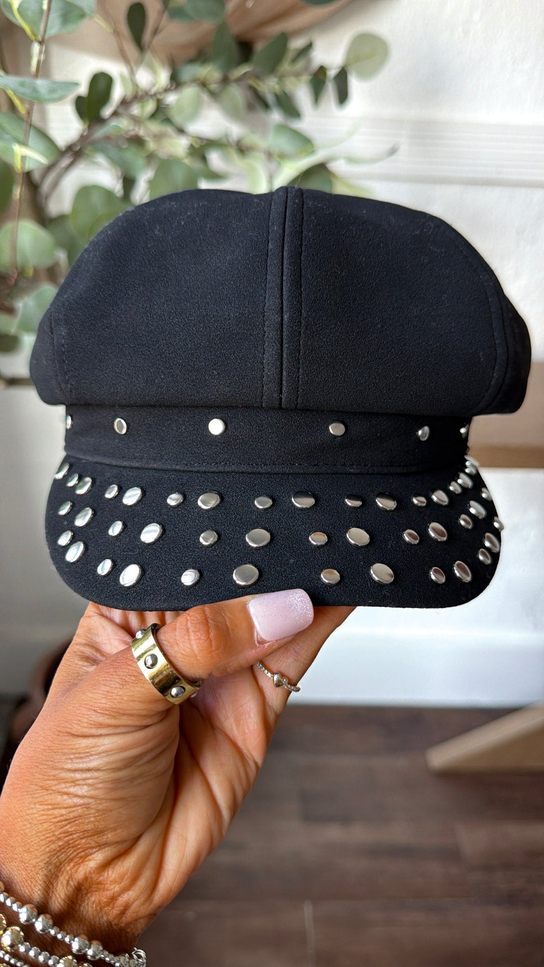 Studded Vegan Suede Cabbie Hat, Black