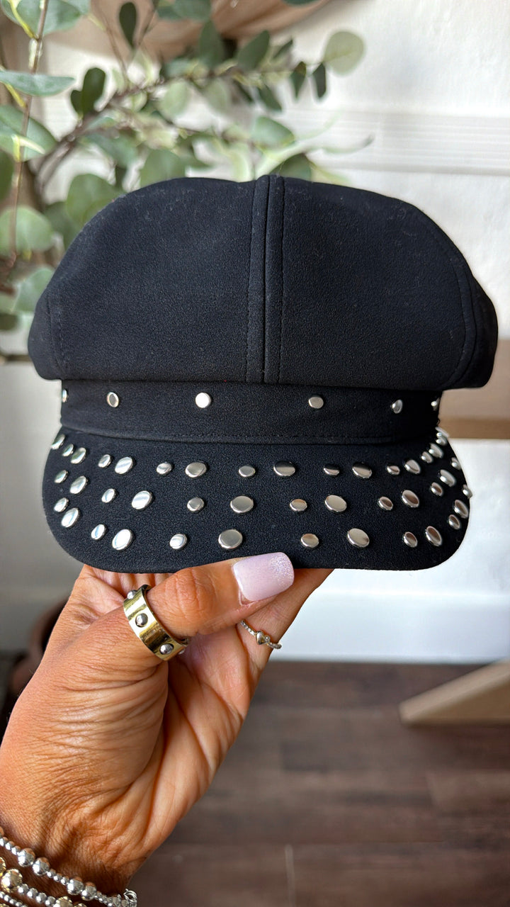 Studded Vegan Suede Cabbie Hat, Black