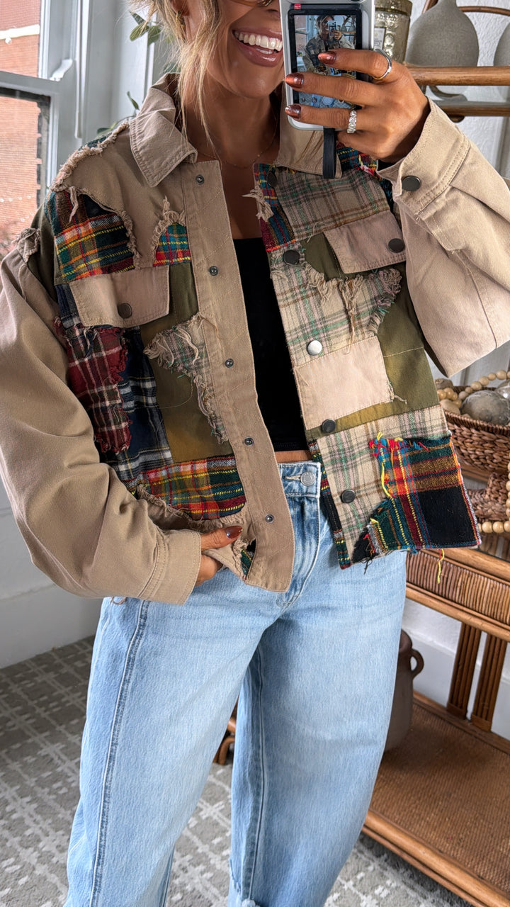Care Free Plaid Patch Button Down Jacket, Khaki