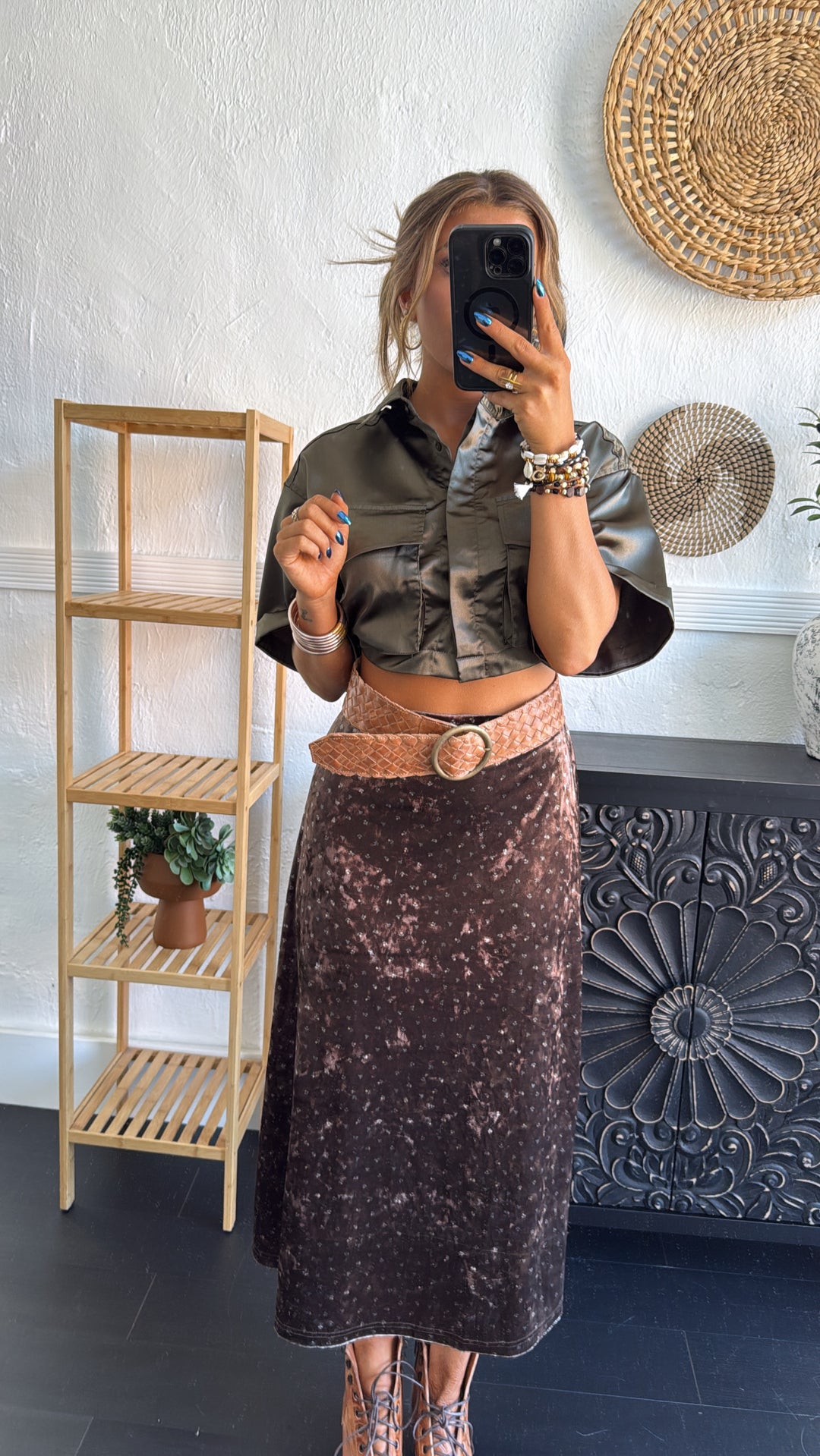 Toasted Fig Velvet Midi Skirt, Brown