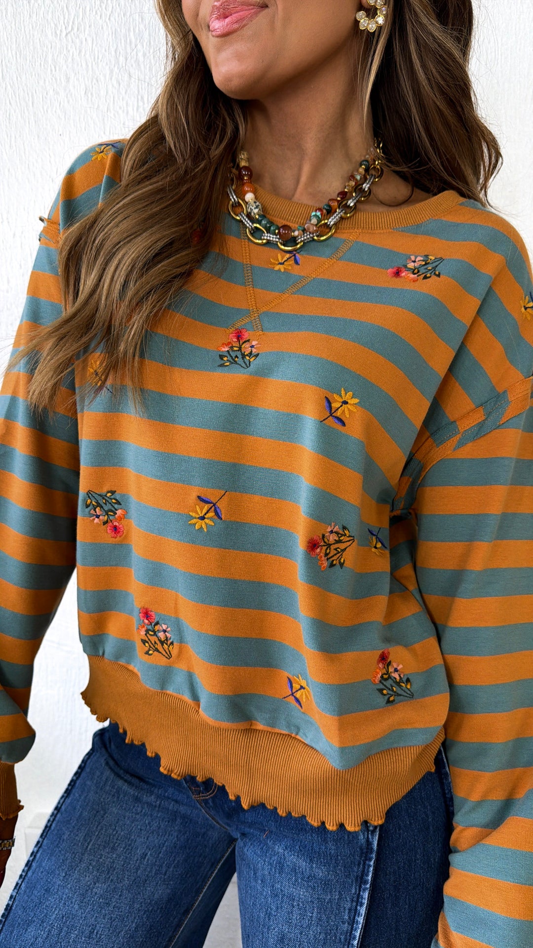 Brushwood Embroidered Sweatshirt, Pumpkin/ Teal