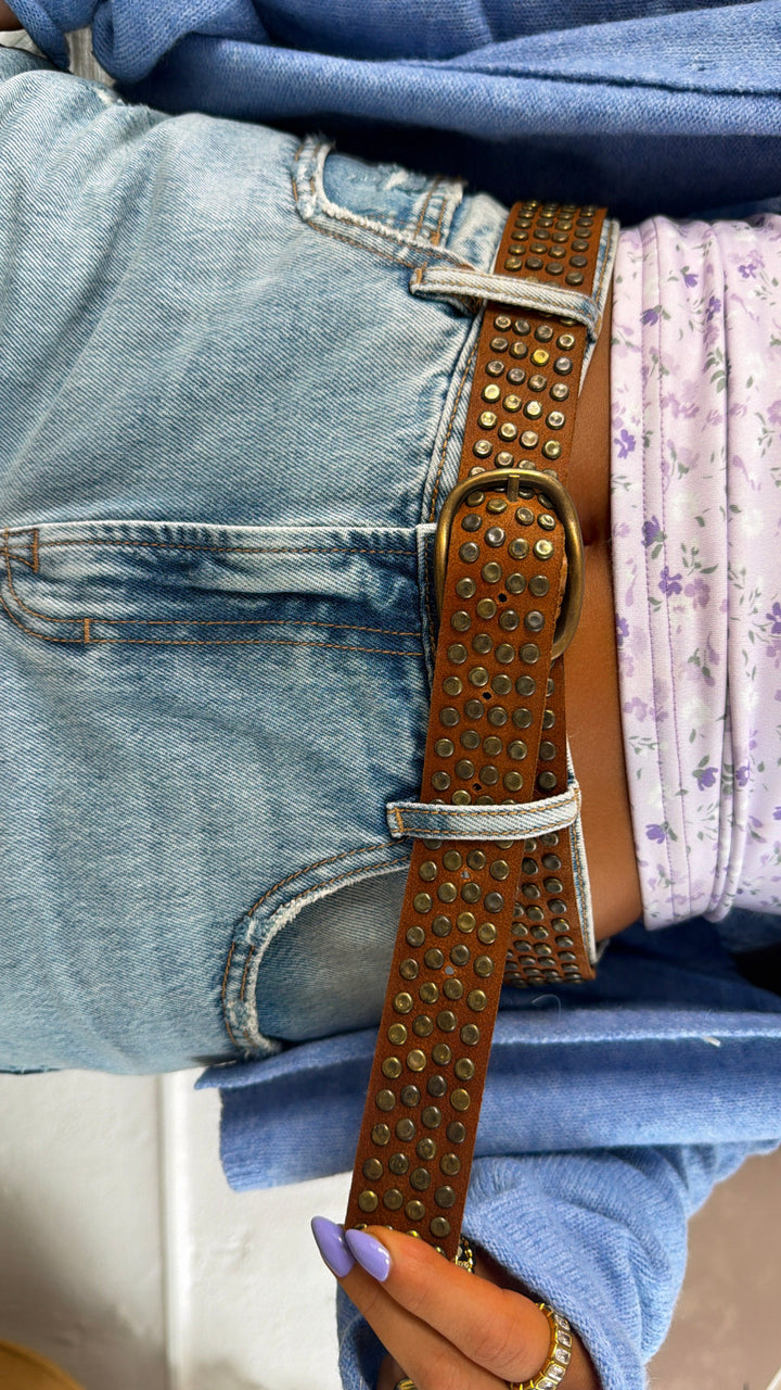 Studded Leather Belt, DK. Brown