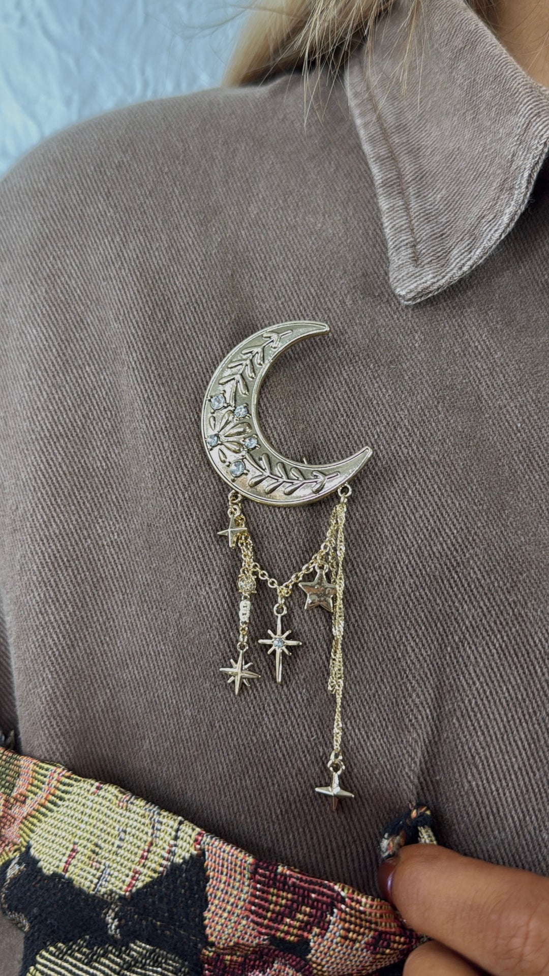 Crescent Moon Charm Brooch, Gold