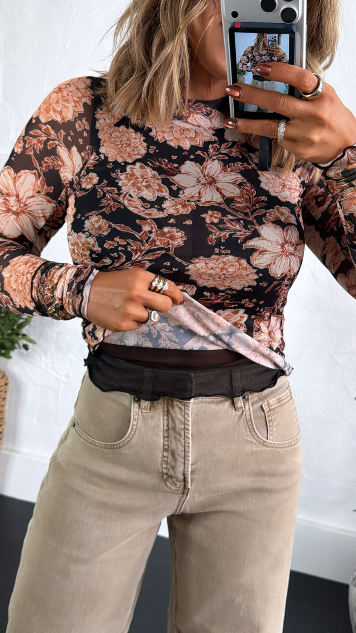 Rusted Daisy Mesh Top, Black