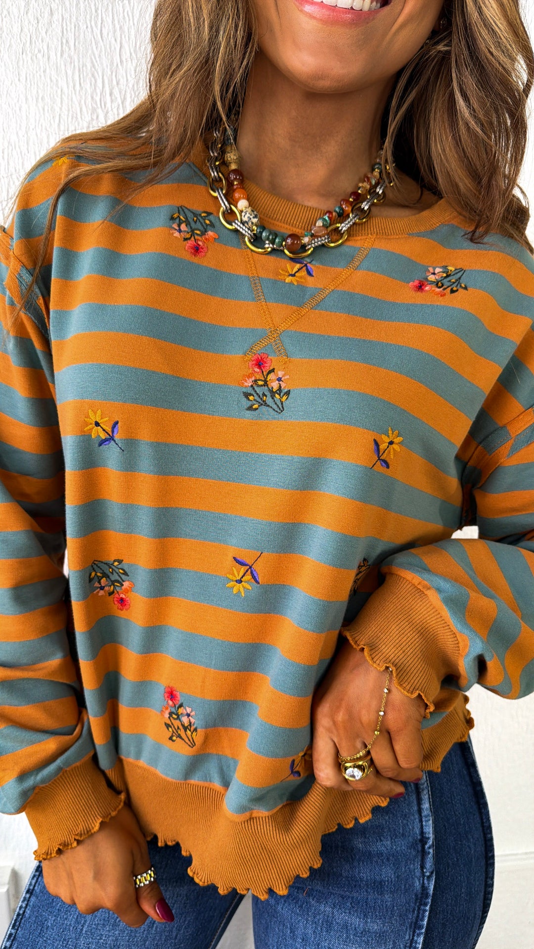 Brushwood Embroidered Sweatshirt, Pumpkin/ Teal