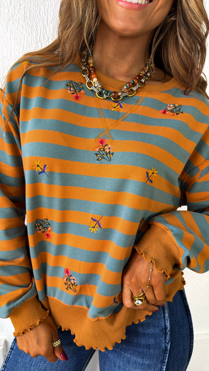 Brushwood Embroidered Sweatshirt, Pumpkin/ Teal