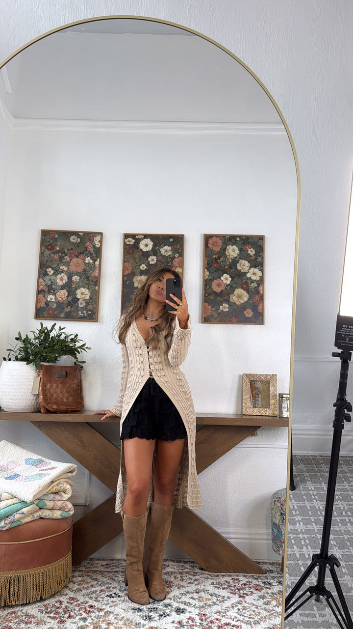 Rustic Rose Knit Long Cardigan, Taupe