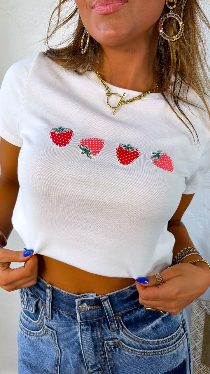 Strawberries On Top Baby Tee, White