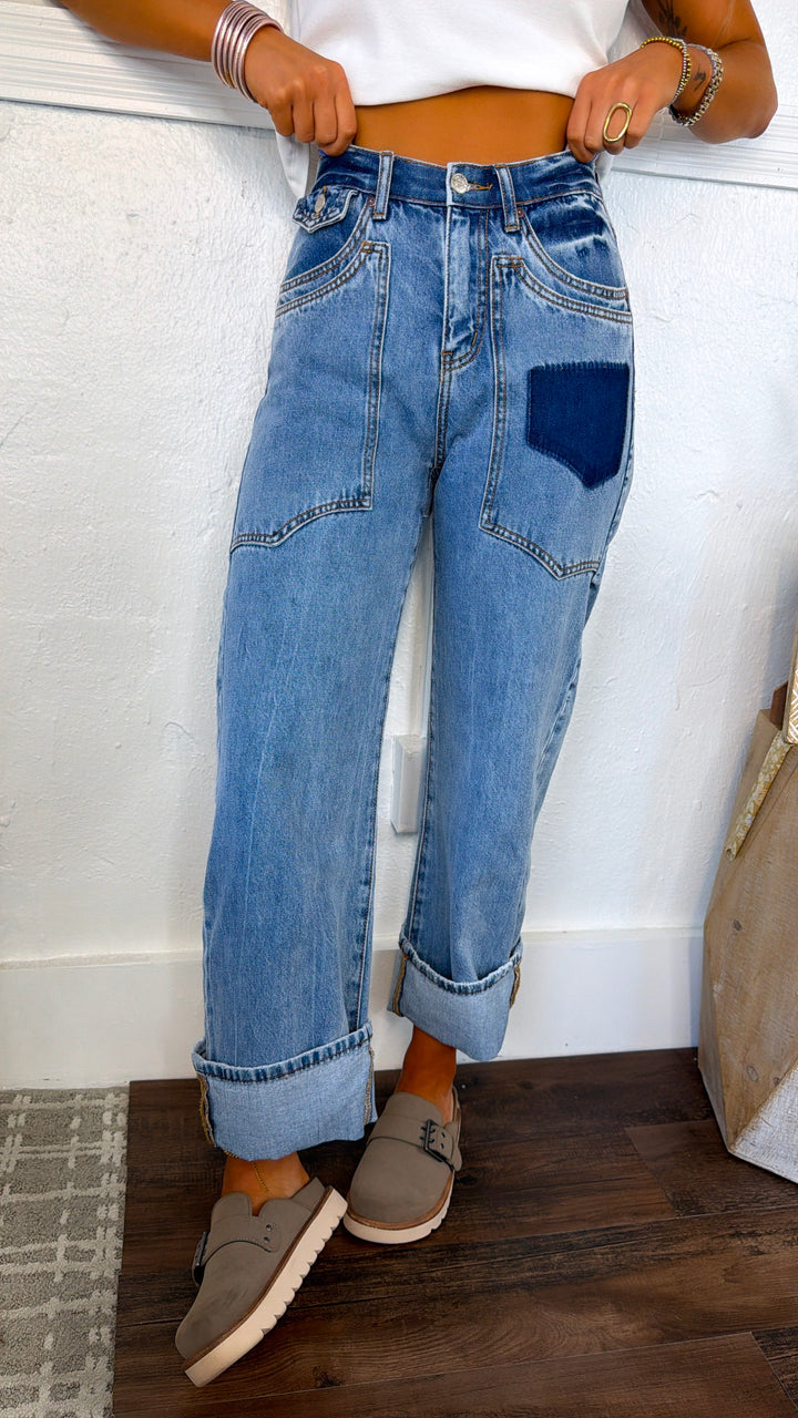 Xander High Rise Patched Pocket Jeans