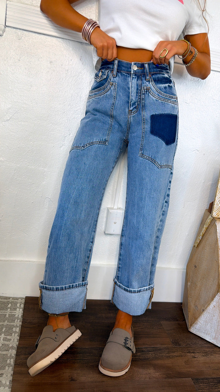 Xander High Rise Patched Pocket Jeans