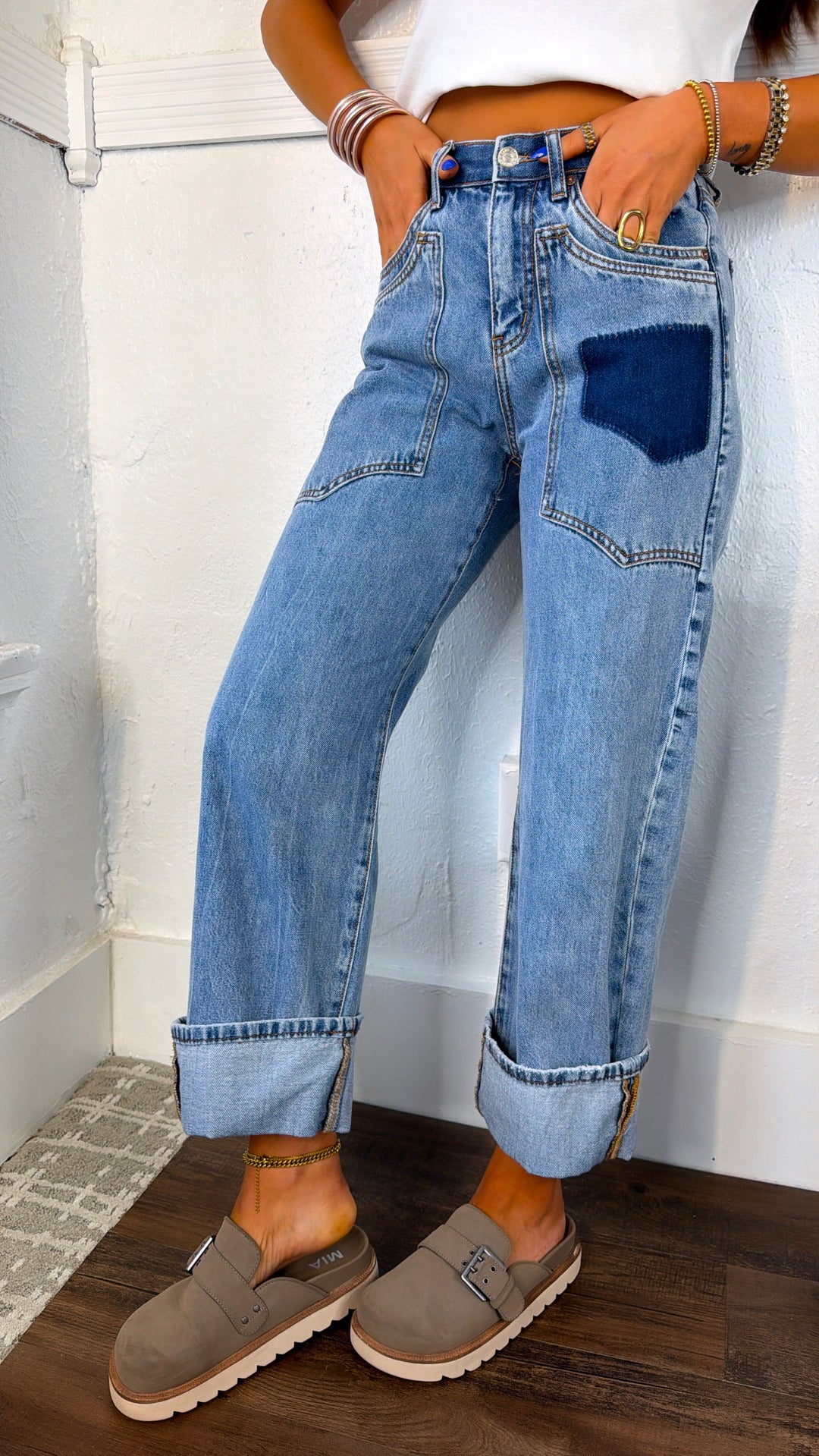 Xander High Rise Patched Pocket Jeans