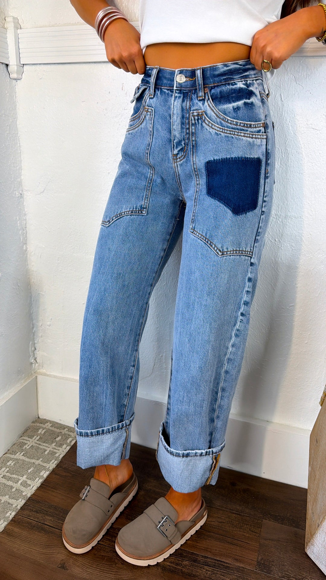 Xander High Rise Patched Pocket Jeans