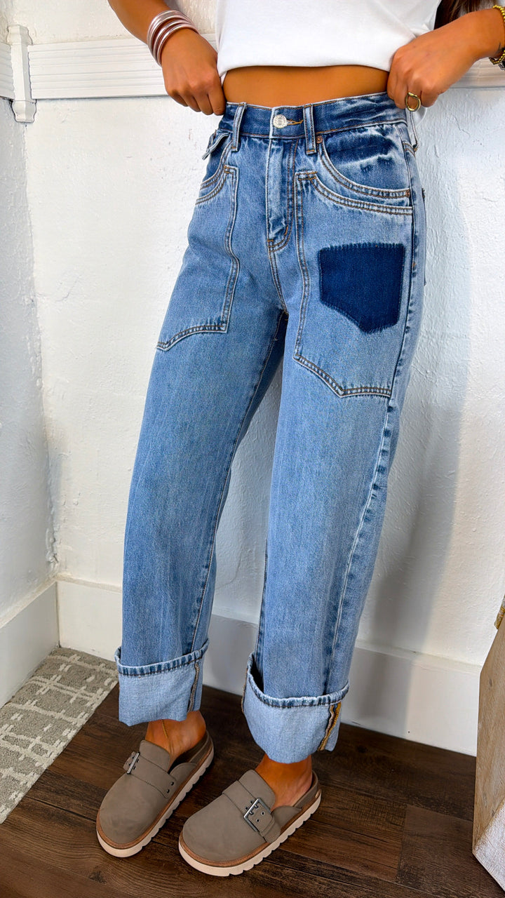 Xander High Rise Patched Pocket Jeans