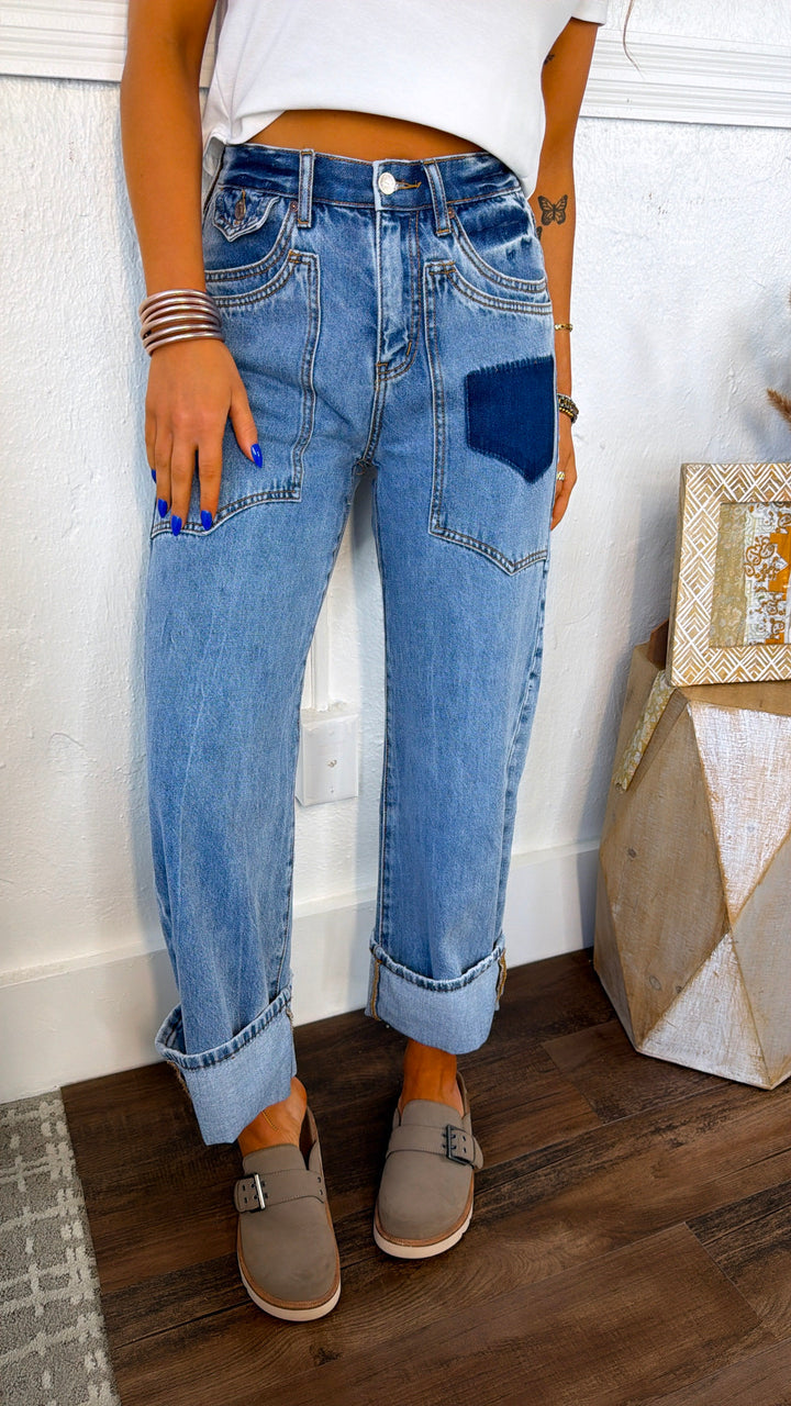 Xander High Rise Patched Pocket Jeans