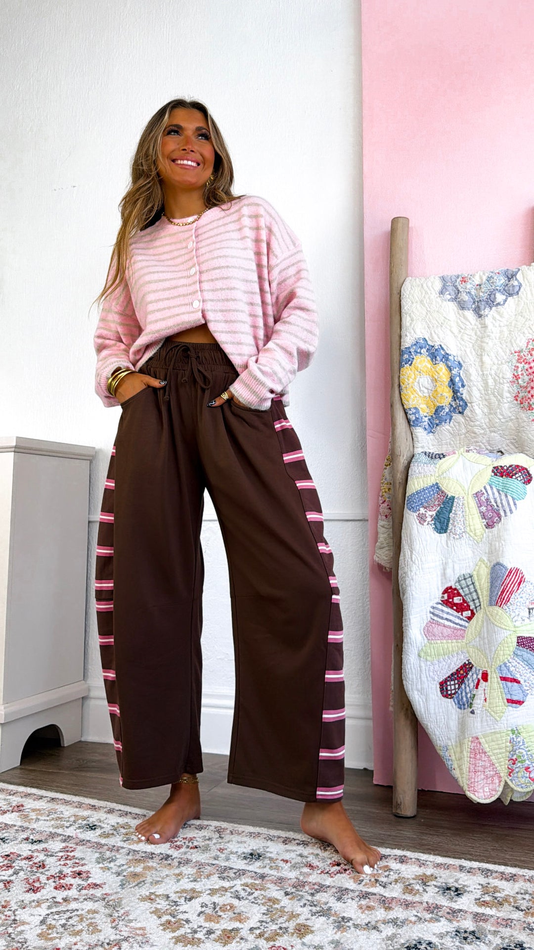 Side Stripe Detail Pants, Chocolate