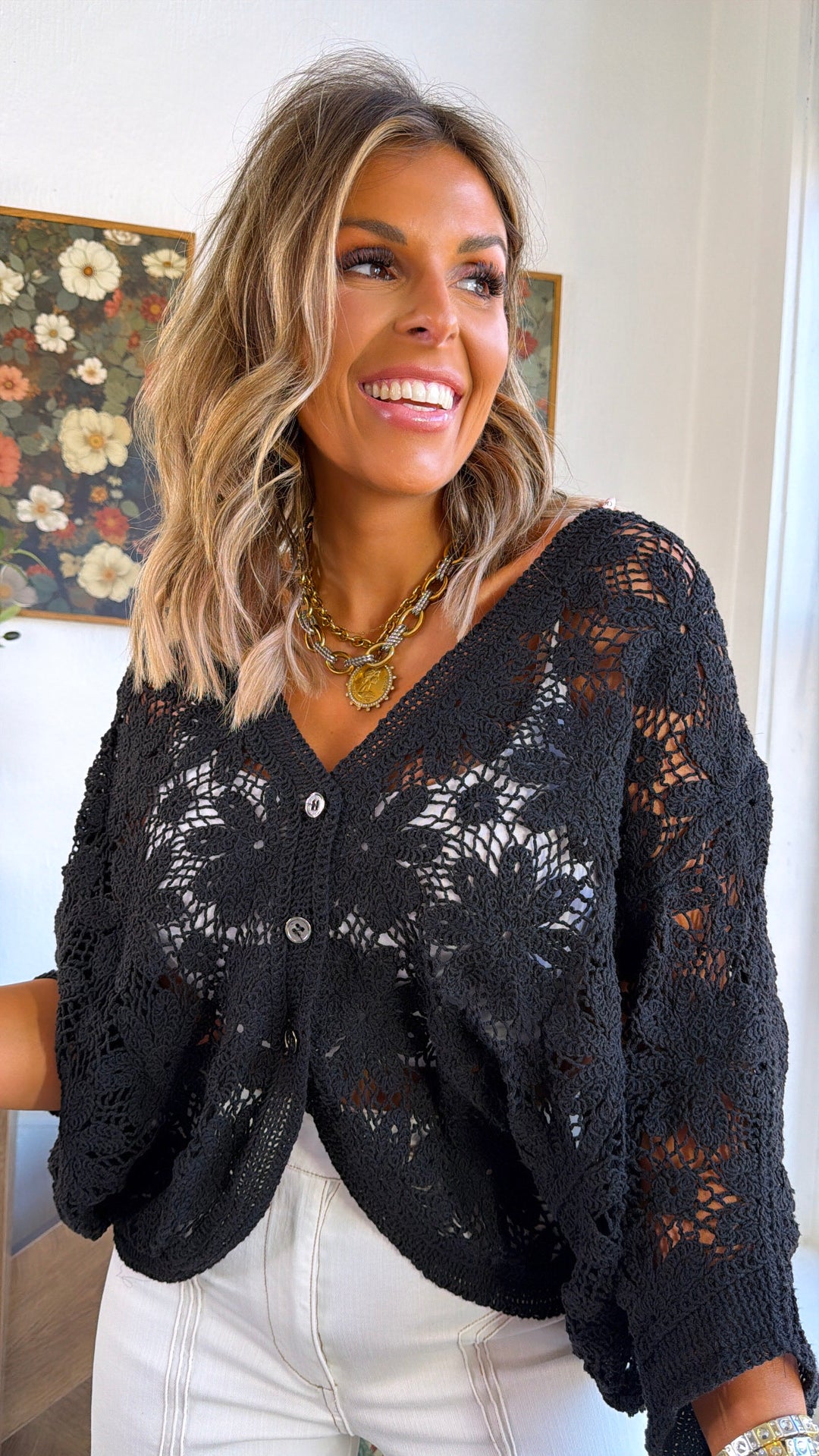 Black Bird Crochet Top, Black