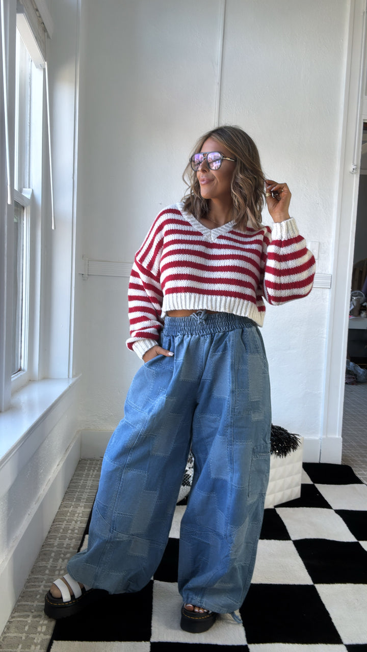 Velvet Striped Sweater, Red-White