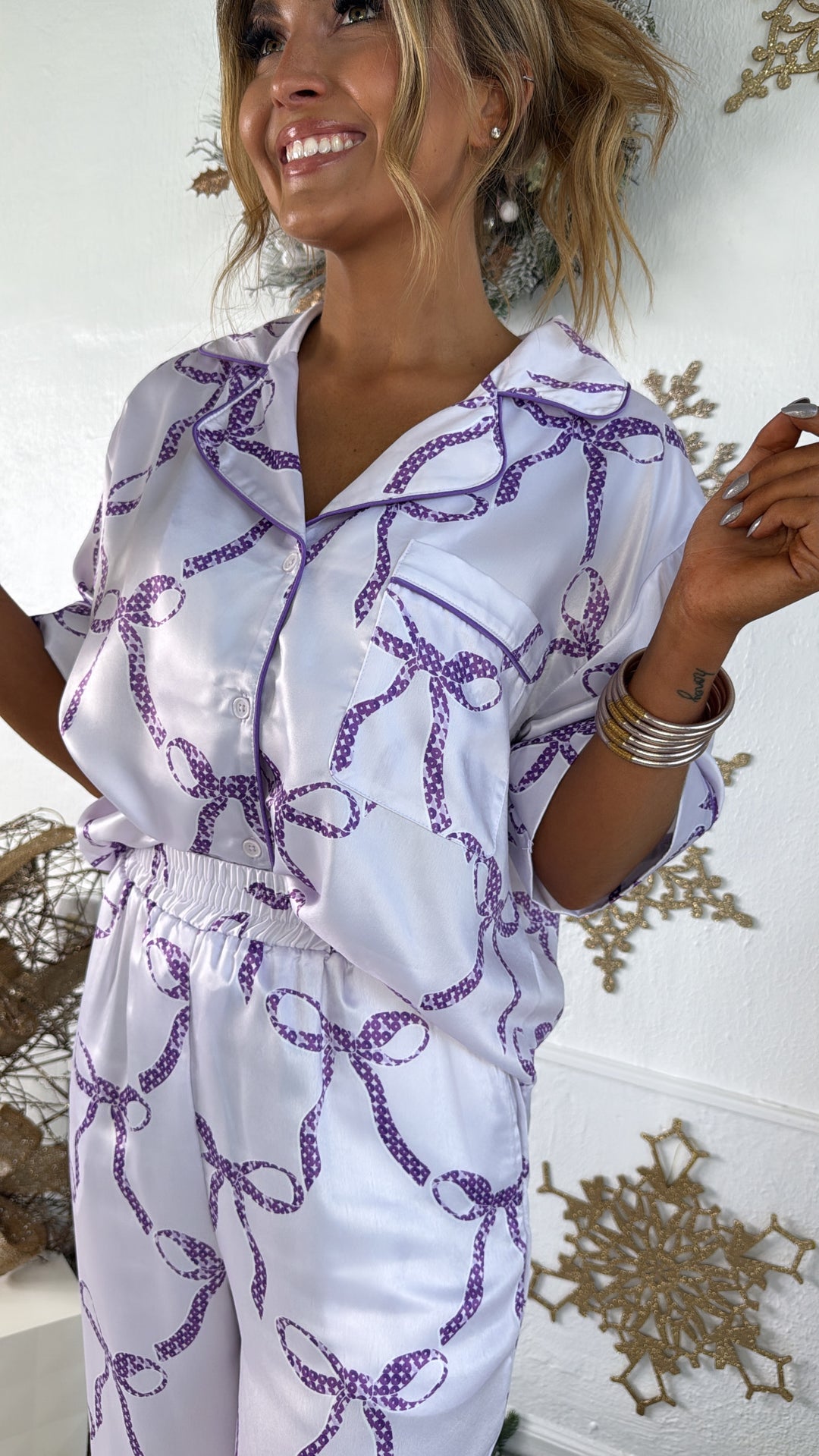 Bliss & Bows Satin Pajama Set, Purple