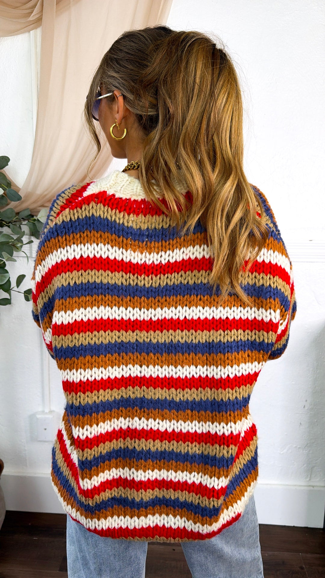 Afterglow Knit Cardigan, Cream/Navy/Red