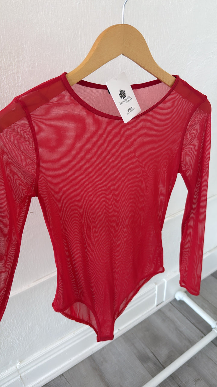Solid Mesh Bodysuit , Red