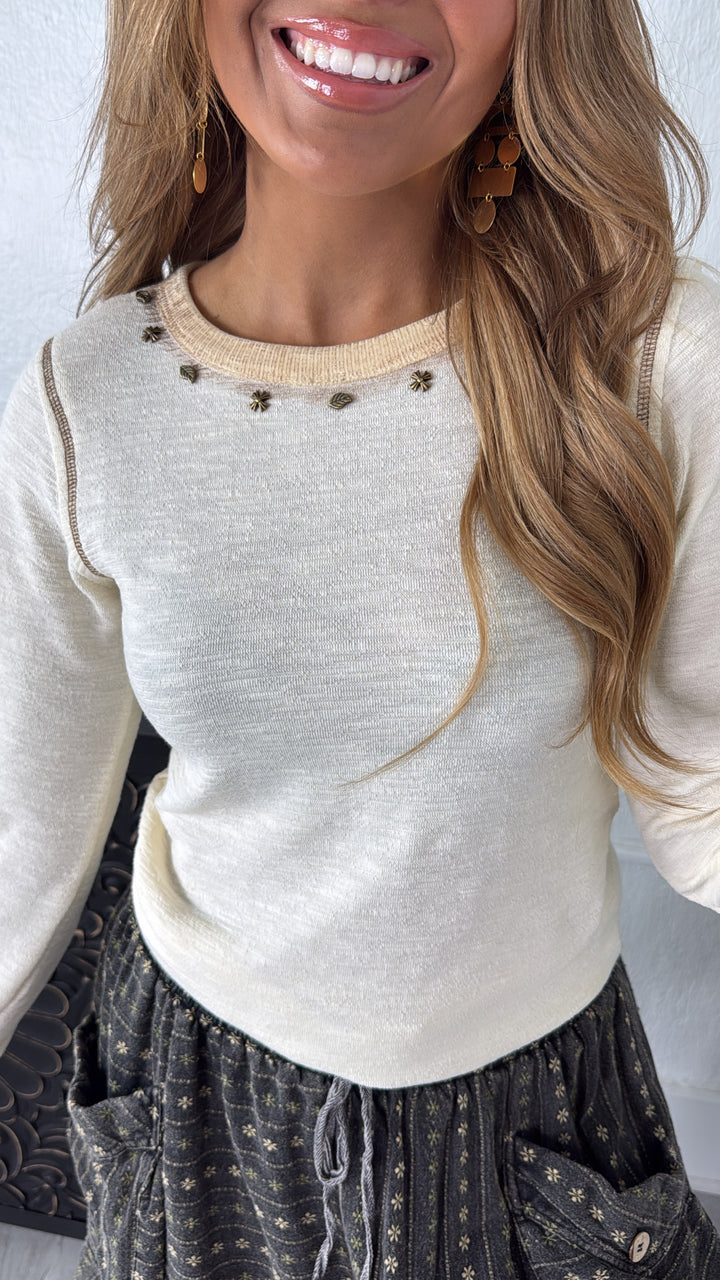 Studded Long Sleeve Basic, Cream