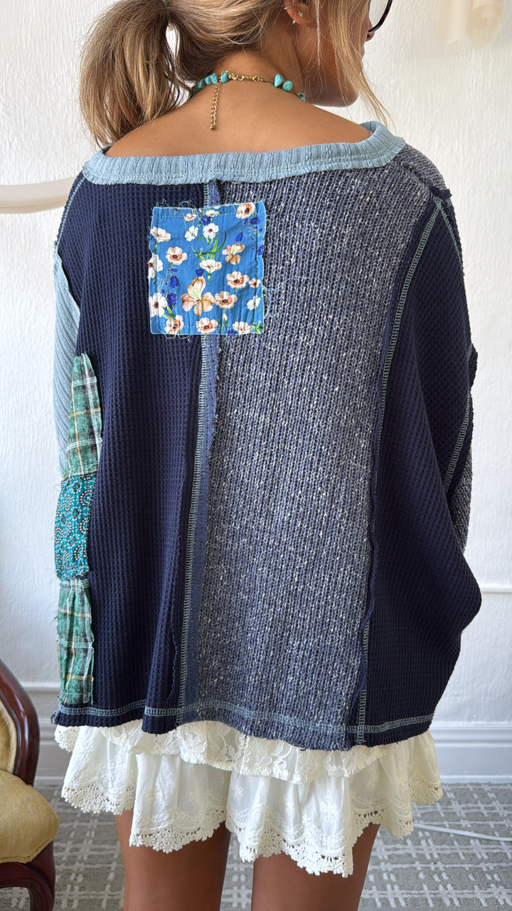 Sweet Impression Patchwork Long Sleeve Top, Indigo