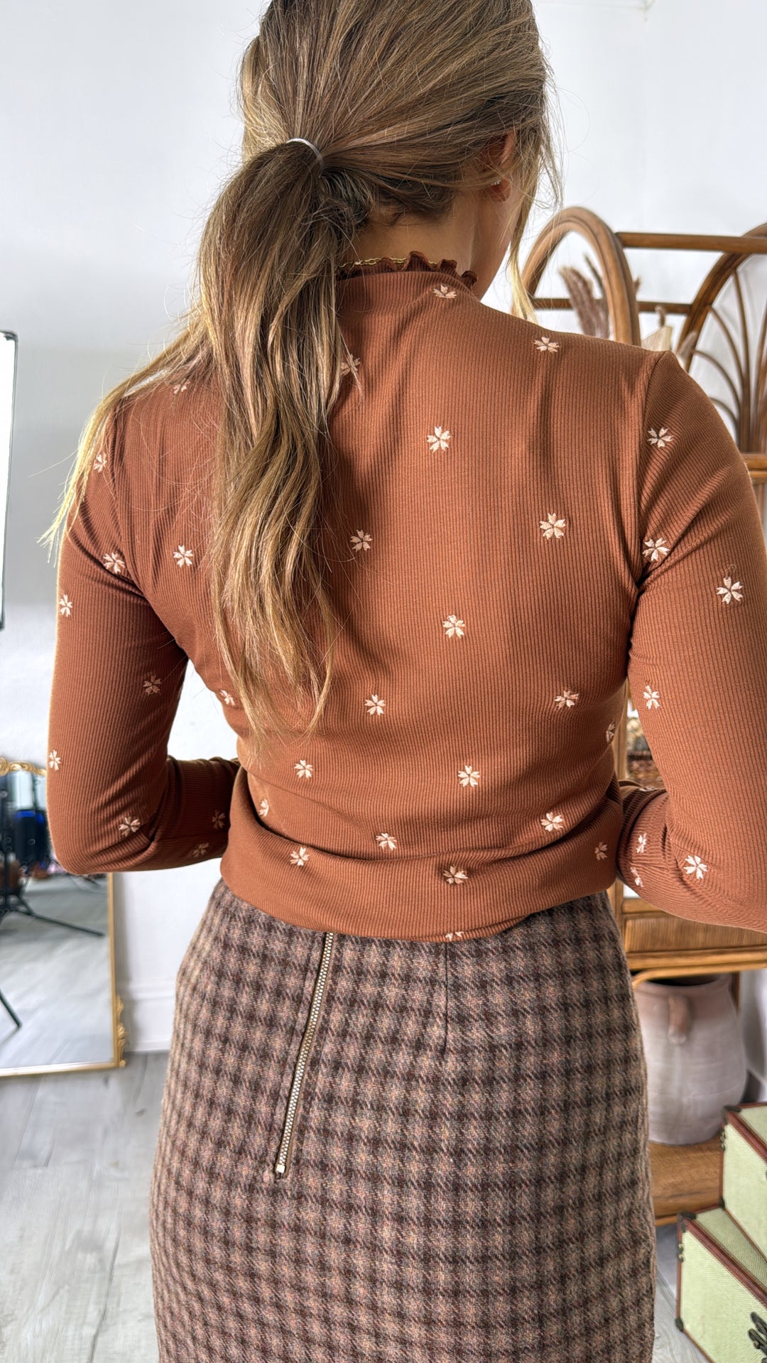 Spruce Haze Embroidered Mock Neck, Carmel