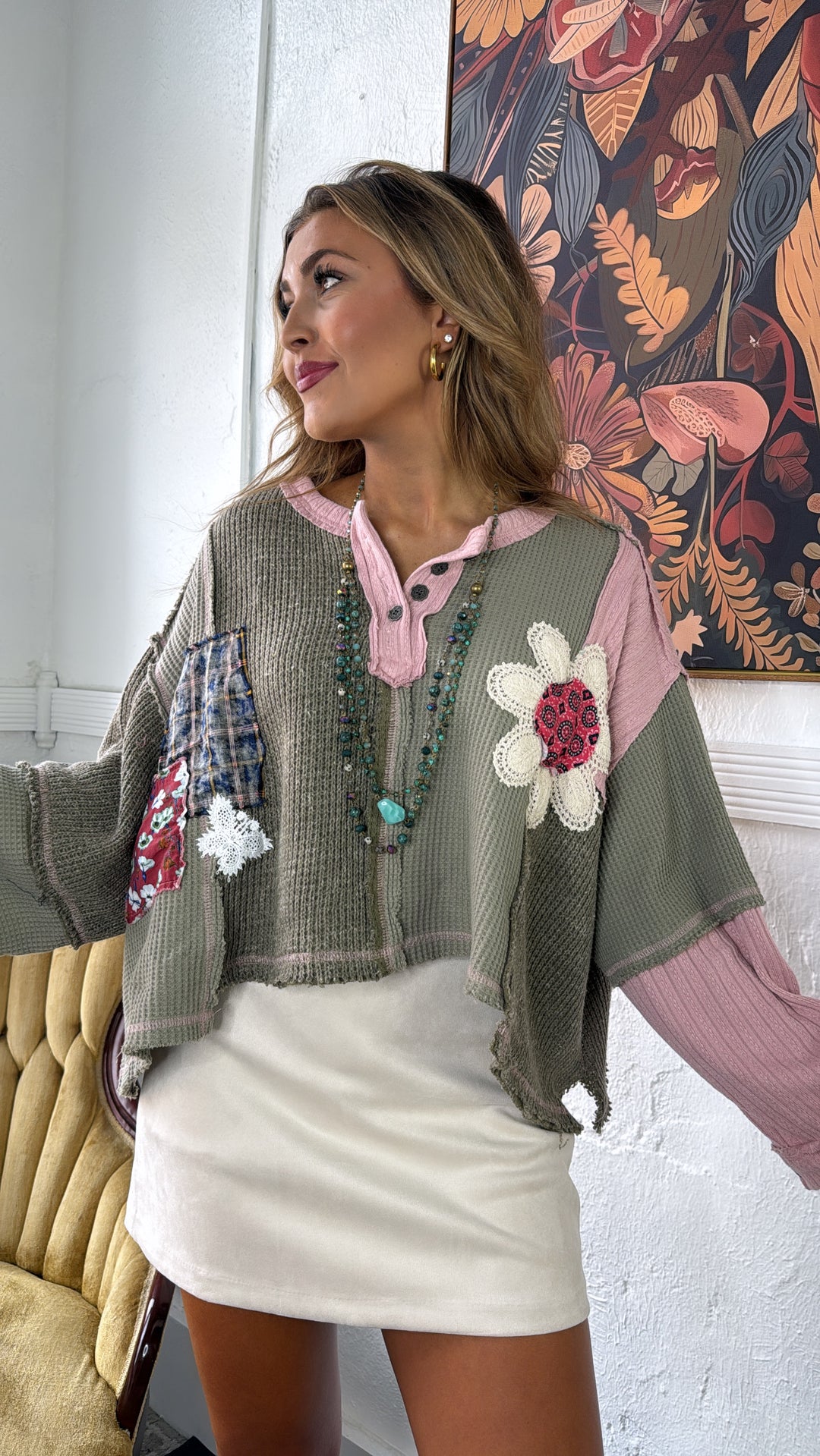 Sweet Impression Patchwork Long Sleeve Top, Olive Multi