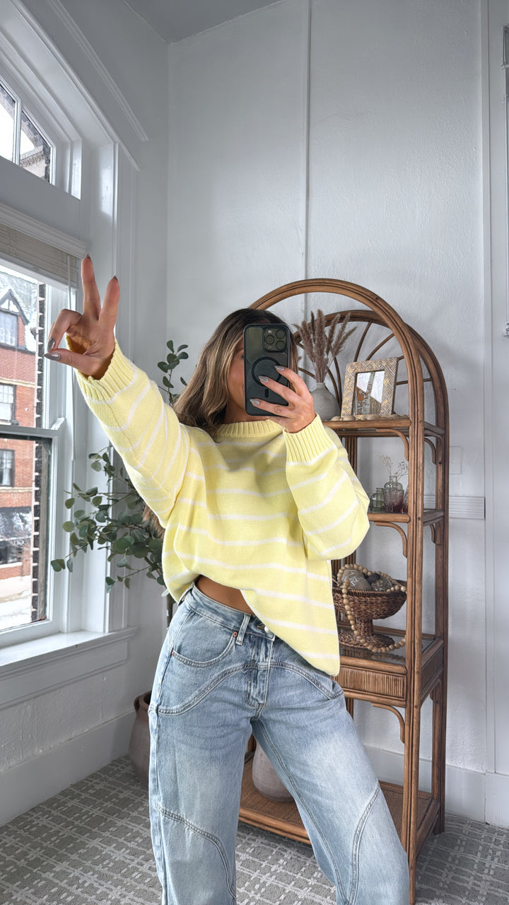Avie Striped Sweater, Lemon/White