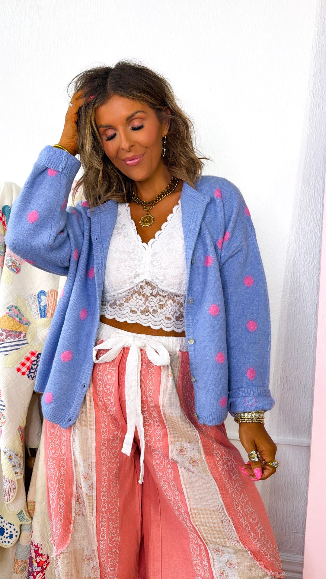 Sugar Dot Cardigan, Lt. Blue/Pink