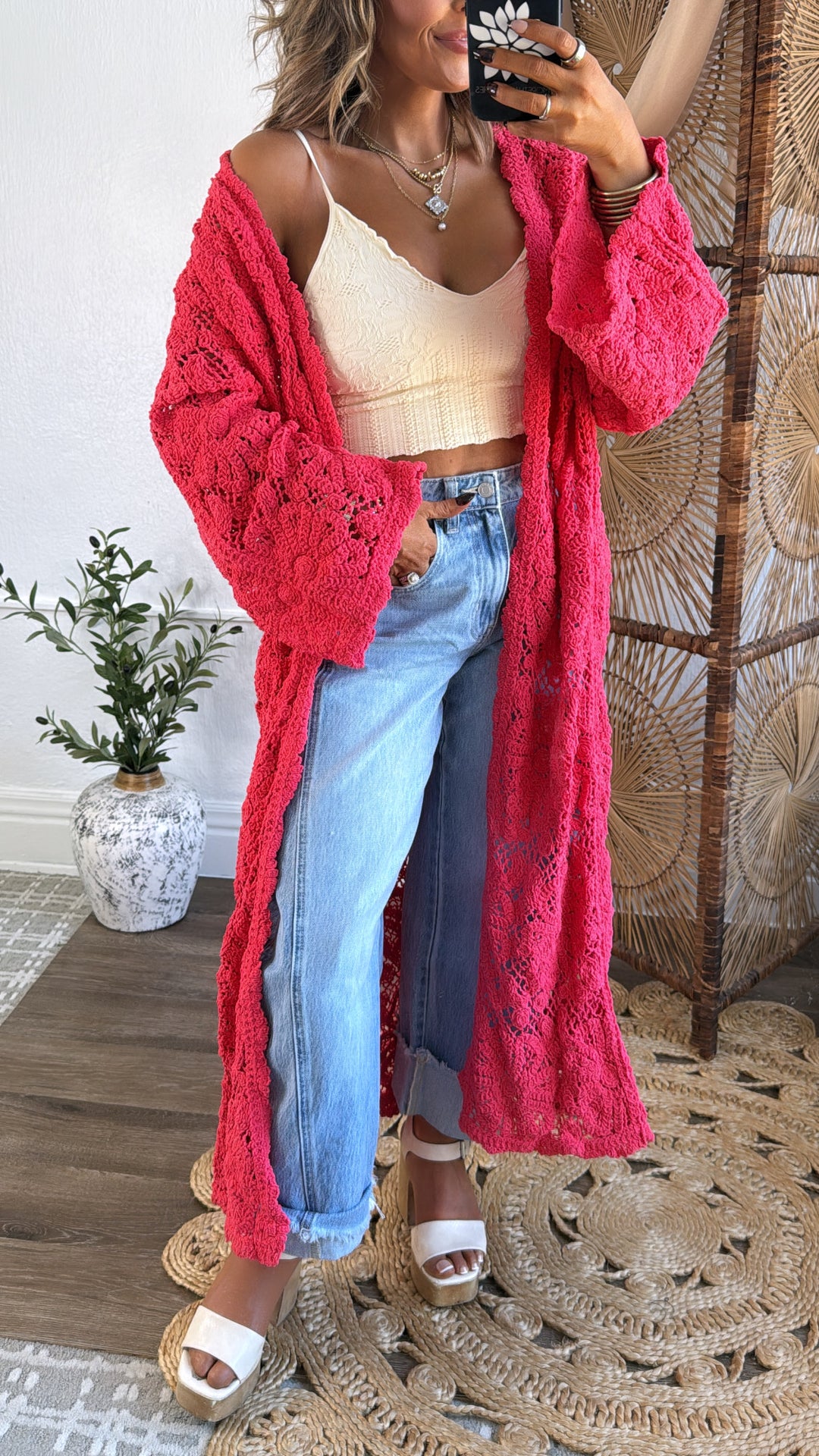 Sunset Soul Crochet Duster, Apple Coral