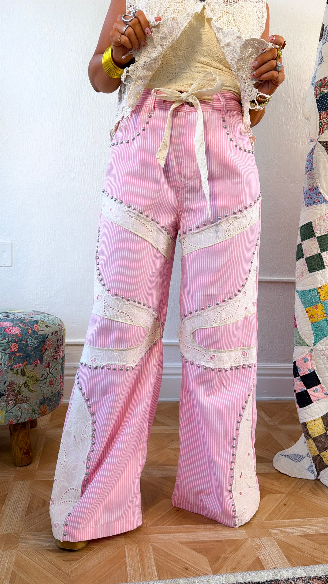 Blossom Road Studded Pants, Pink Striped
