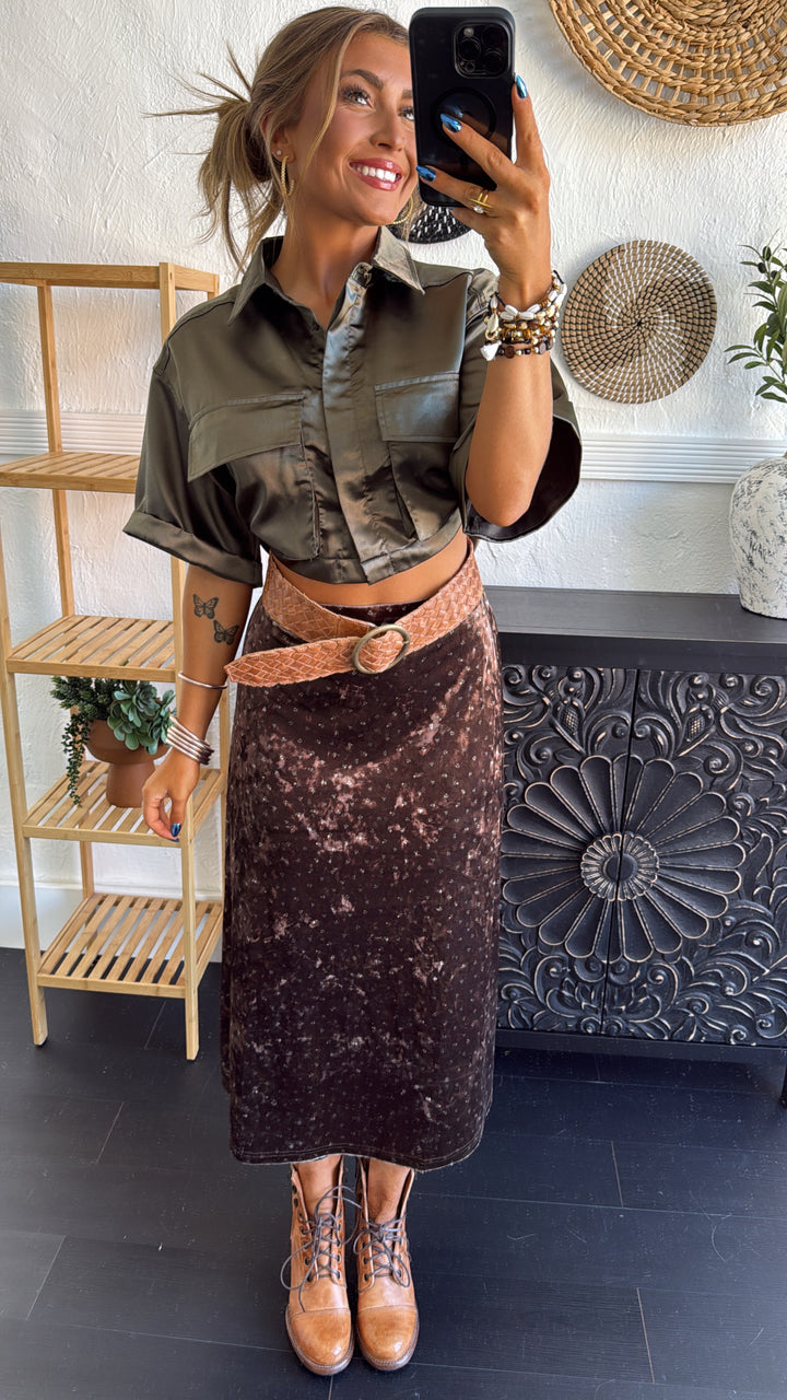 Toasted Fig Velvet Midi Skirt, Brown
