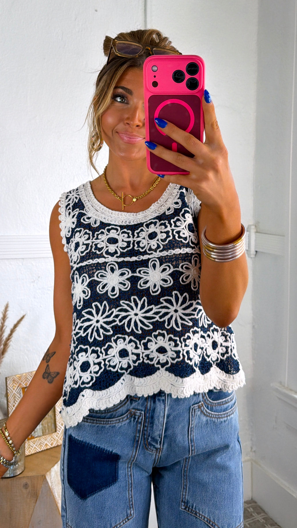 Rain Washed Crochet Tank, Natural/Denim