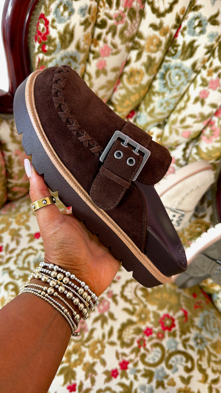 Zamara Suede Buckle Clog, Chocolate