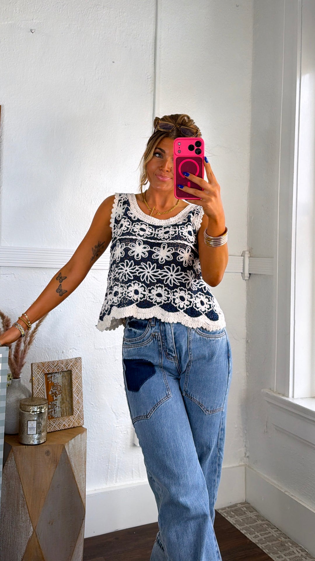 Rain Washed Crochet Tank, Natural/Denim