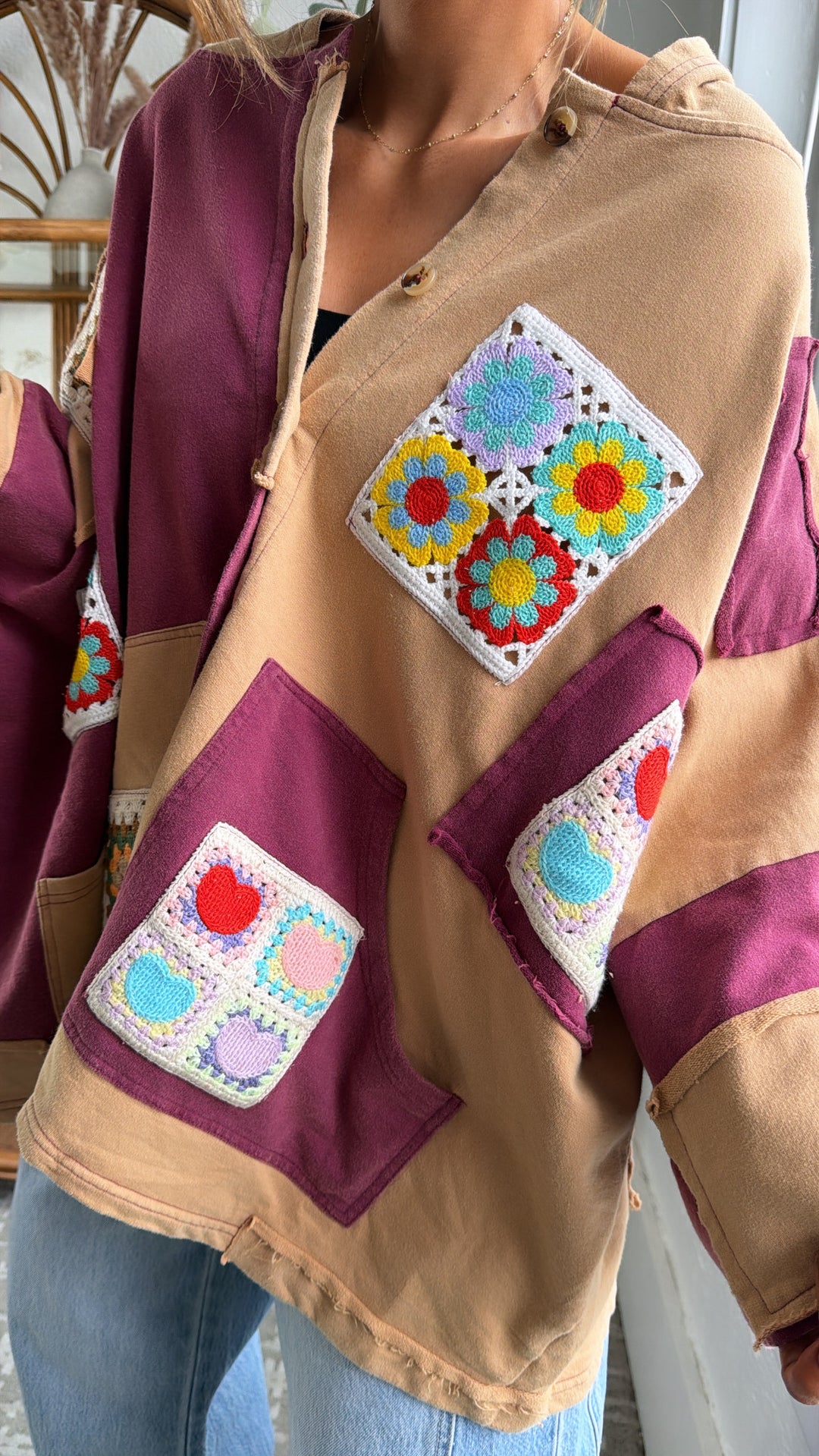 Patchwork Muse Button Up, Wine/Multi