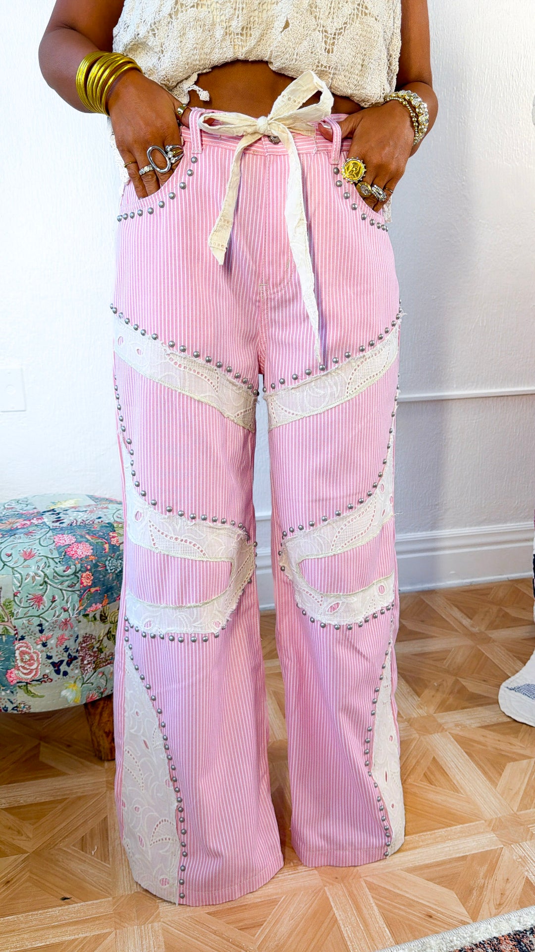 Blossom Road Studded Pants, Pink Striped