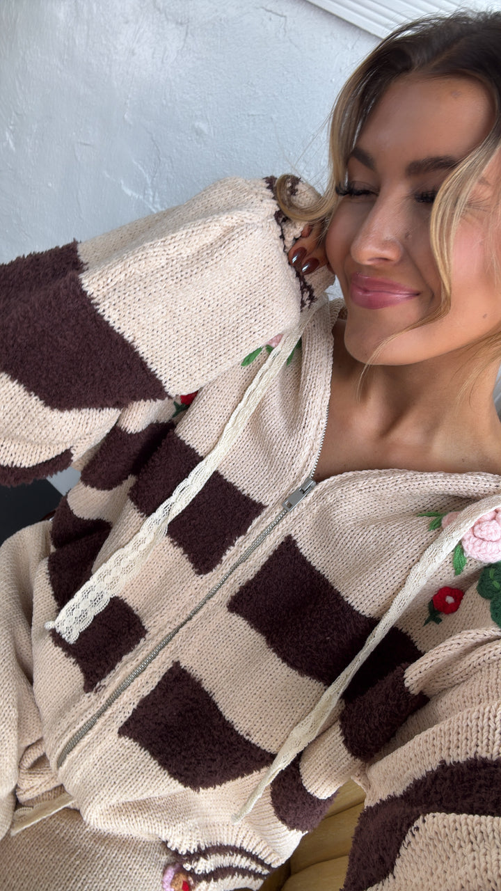 Striped Floral Detail Zip Up Sweater, Mocha Multi