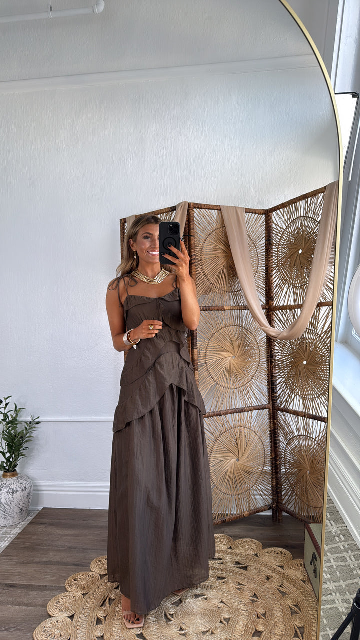 Mocha Rose Ruffled Dress, Chocolate Brown