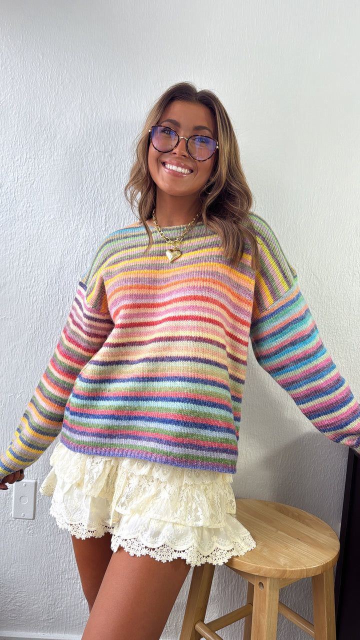 Painted Knit Striped Sweater, Purple/Sky