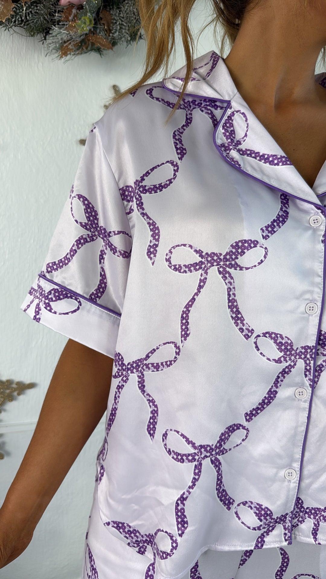 Bliss & Bows Satin Pajama Set, Purple