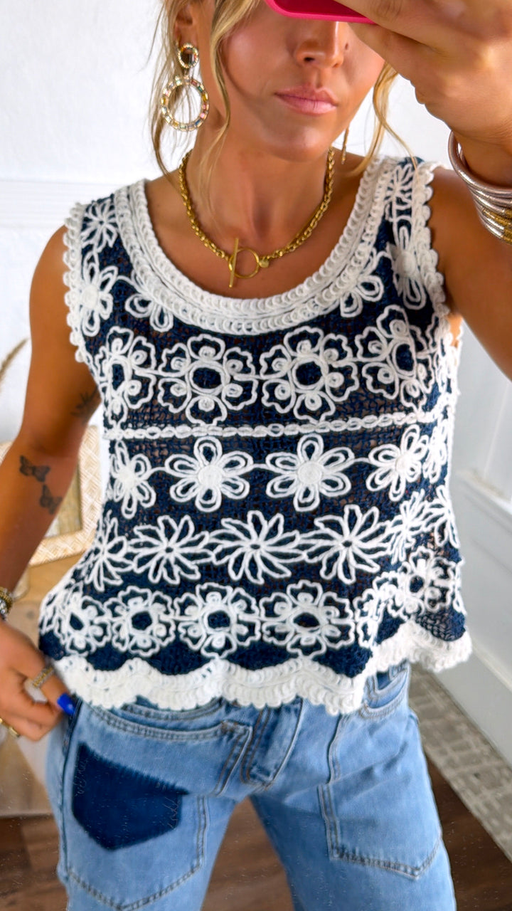 Rain Washed Crochet Tank, Natural/Denim